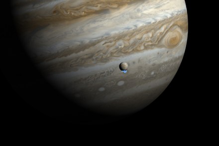 This artist's impression shows Jupiter and its moon Europa using actual Jupiter and Europa images in visible light. The Hubble ultraviolet images showing the faint emission from the water vapour plumes have been superimposed, respecting the size but not the brightness of the plumes. Astronomers using Hubble have detected signs of water vapour being vented off this moon, creating variable plumes near its south pole — the first observational evidence of water vapour being ejected off the moon's surface.